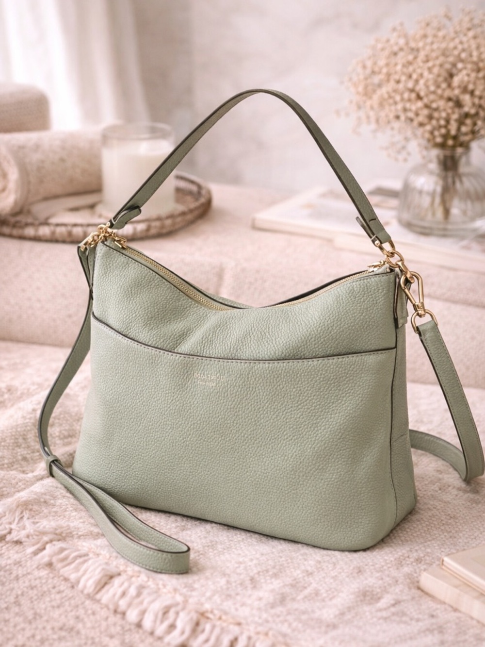 Kate Spade Green Pebbled Leather Shoulder Bag Crossbody Hobo Gold Hardware